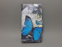 Кожен калъф тефтер стойка и клипс за Alcatel One Touch Idol Alpha 6032 / 6032D / 6032x сив със синя пеперуда 